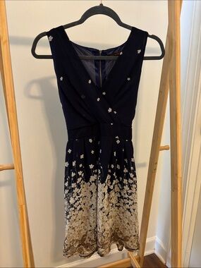 Navy Sleeveless V-Neck Mini Dress with Cream Floral Ombre